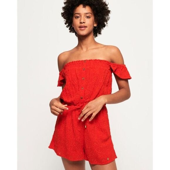 Superdry Premium Embroidered Romper Off Shoulder Shorts One Piece Red US10 Large - Picture 1 of 16